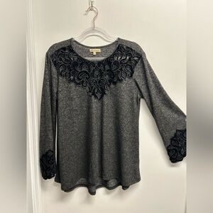 Democracy Gray Sweater with Black Velvet Cut-Out Detailing